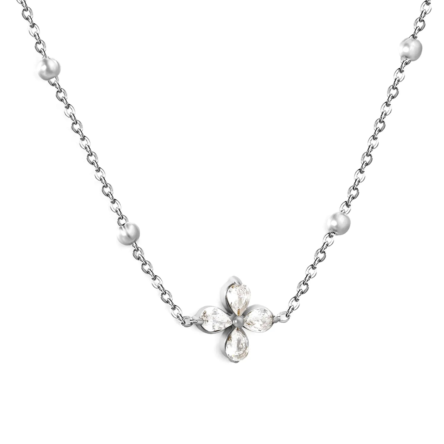 Flower Inlaid White Zircon Pendant Necklace 0.35 Bead Clasp Chain 40+5cm with 6mm Round End Tag 11mm Pendant Steel & Gold Color asonjewelry